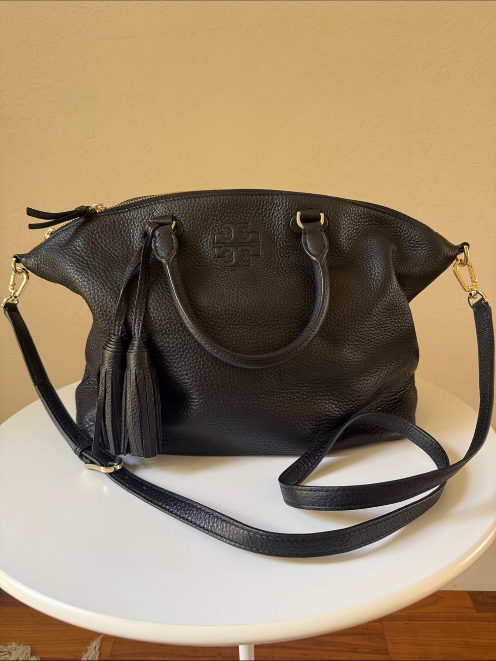 Tory Burch Black Pebbled Leather Tassel Shoulder Bag